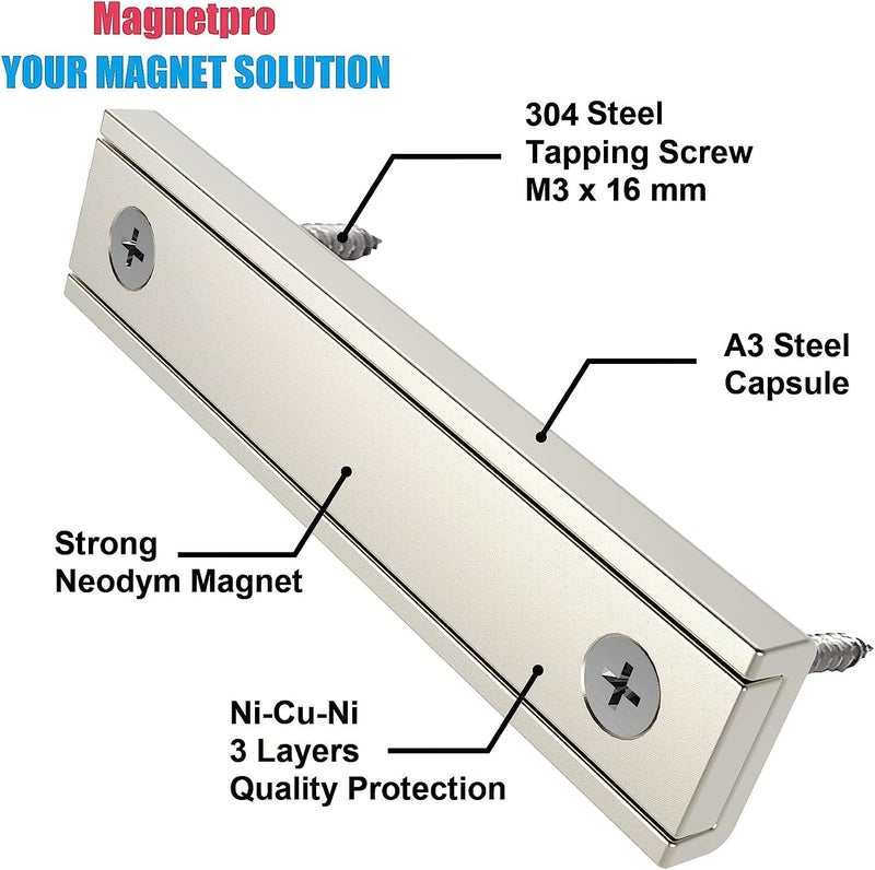 Magnetpro Neodymium Rectangular Magnets 70 LB Force 60 x 13.5 x 5 mm with Countersunk Hole and Steel Capsule, Strong Household and Industrial Rare Earth Magnet with Screws Pack of 16 - Image 2
